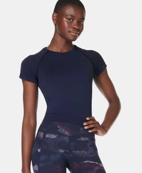 Athlete Crop Seamless Workout Tank Top Donkerblauw - Sweaty Betty Tops