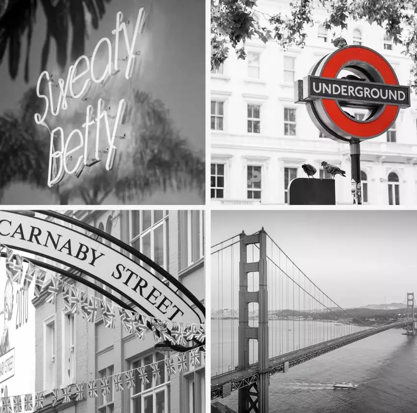 Collage met Sweaty Betty neonbord, Londense Underground-bord, Carnaby Street en Golden Gate Bridge.