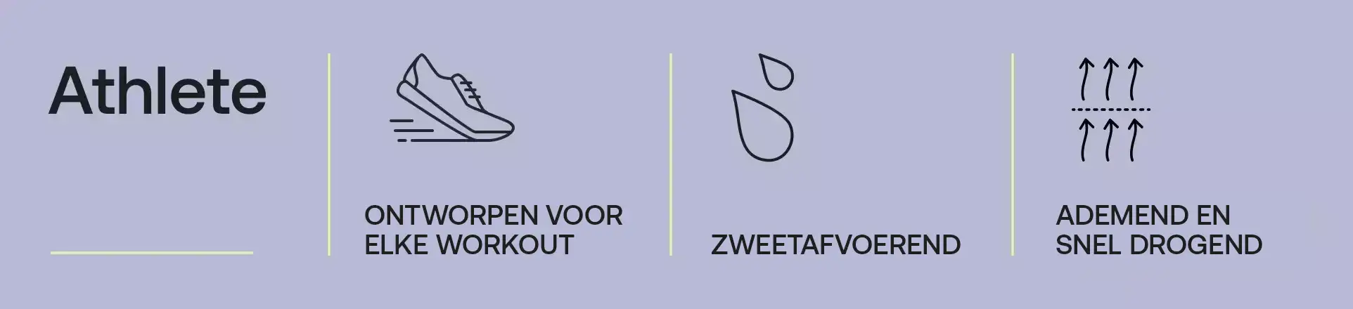 Athlete collectie: ontworpen voor elke workout, zweetafvoerend en sneldrogend.